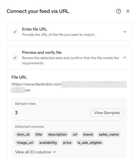 Step 2 Preview and verify file: the file URL, partly blurred, 3 sample rows, and the detected columns item_id, title, description, url, brand, seller_name, image_url, availability, price and is_ads_eligible.
