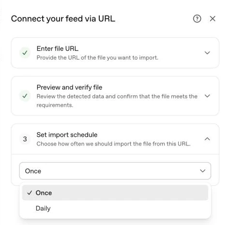 Step 3 Set import schedule: the Refresh frequency list open, with Once (selected) and Daily.