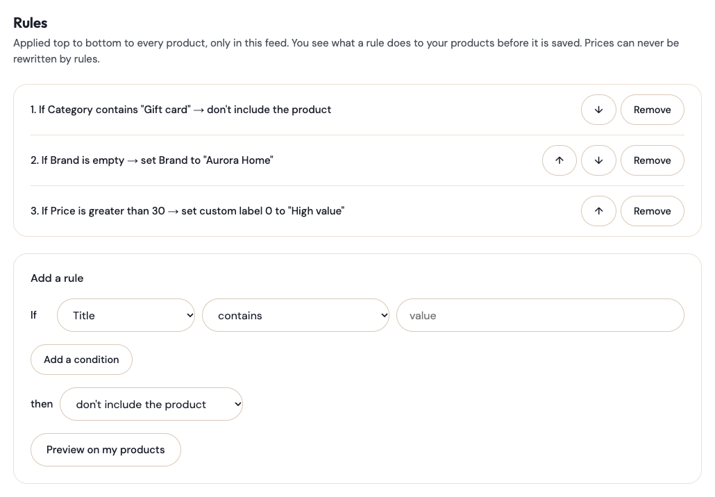 Rules on a feed: exclude a product type, set a brand, label high-value products